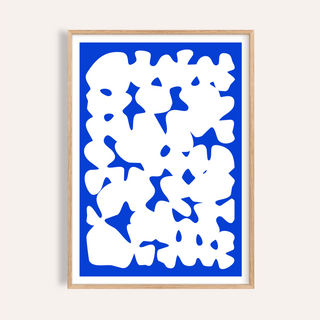 Blue and white modern art with organic abstract shapes in a wooden frame