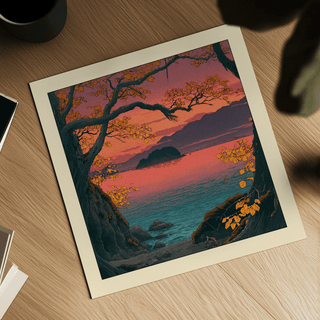 Hasui Kawase Autumn Lake print showing a lake with autumn leaves and distant mountains