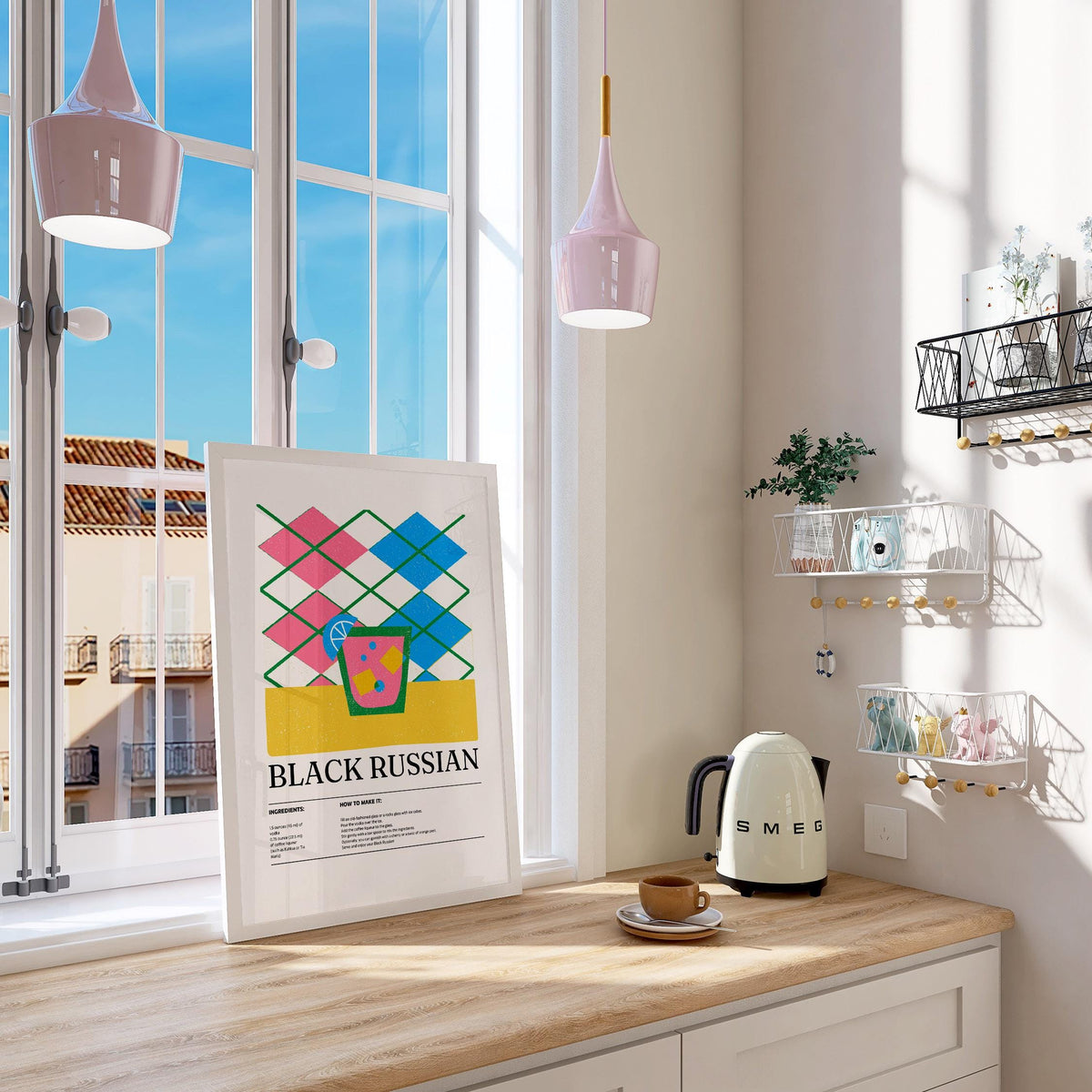 Home Bar Wall Art print leaning on kitchen counter with kettle and cups against sunlit window