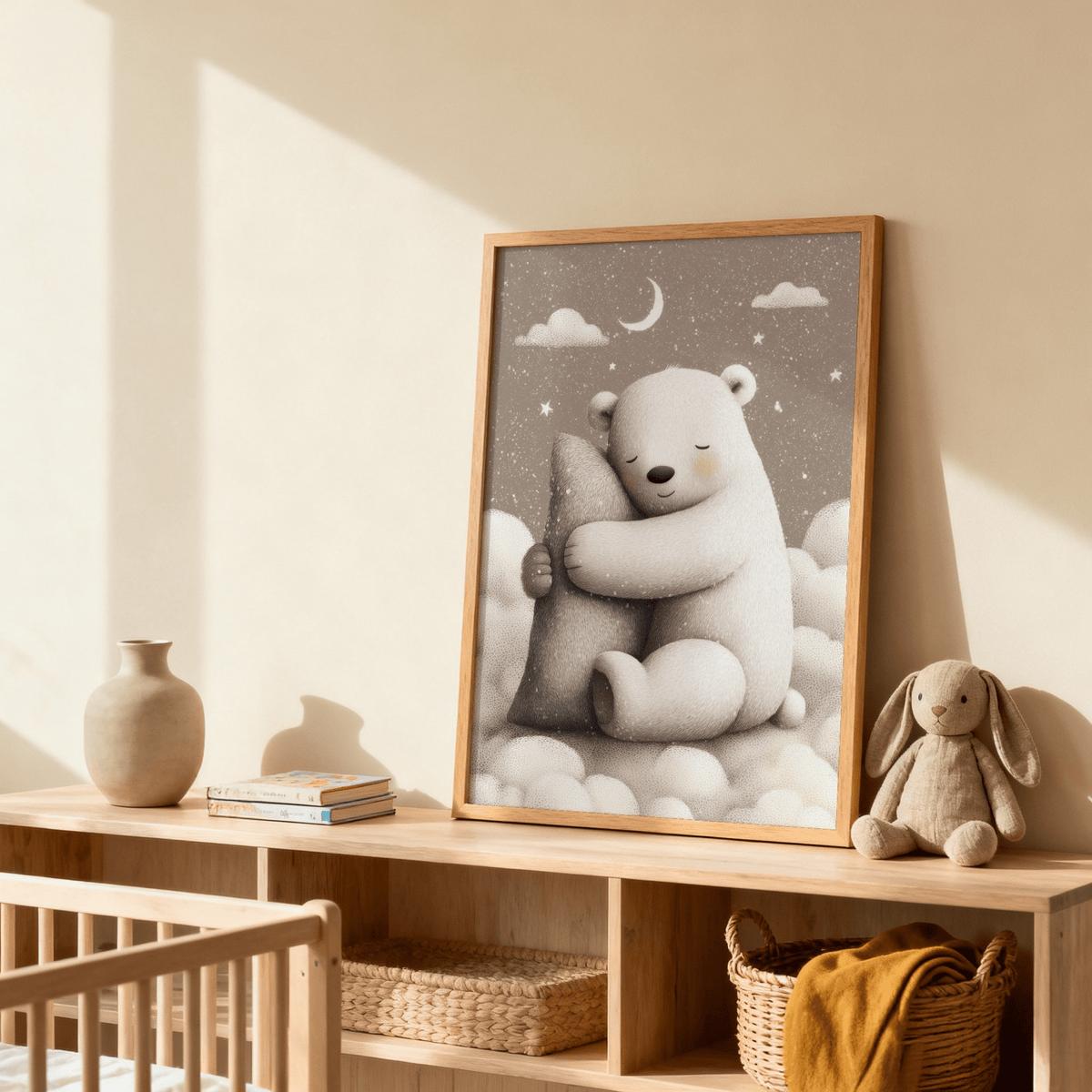 Framed print of a polar bear hugging a pillow in soft grey and white tones on a wooden shelf with a bunny toy