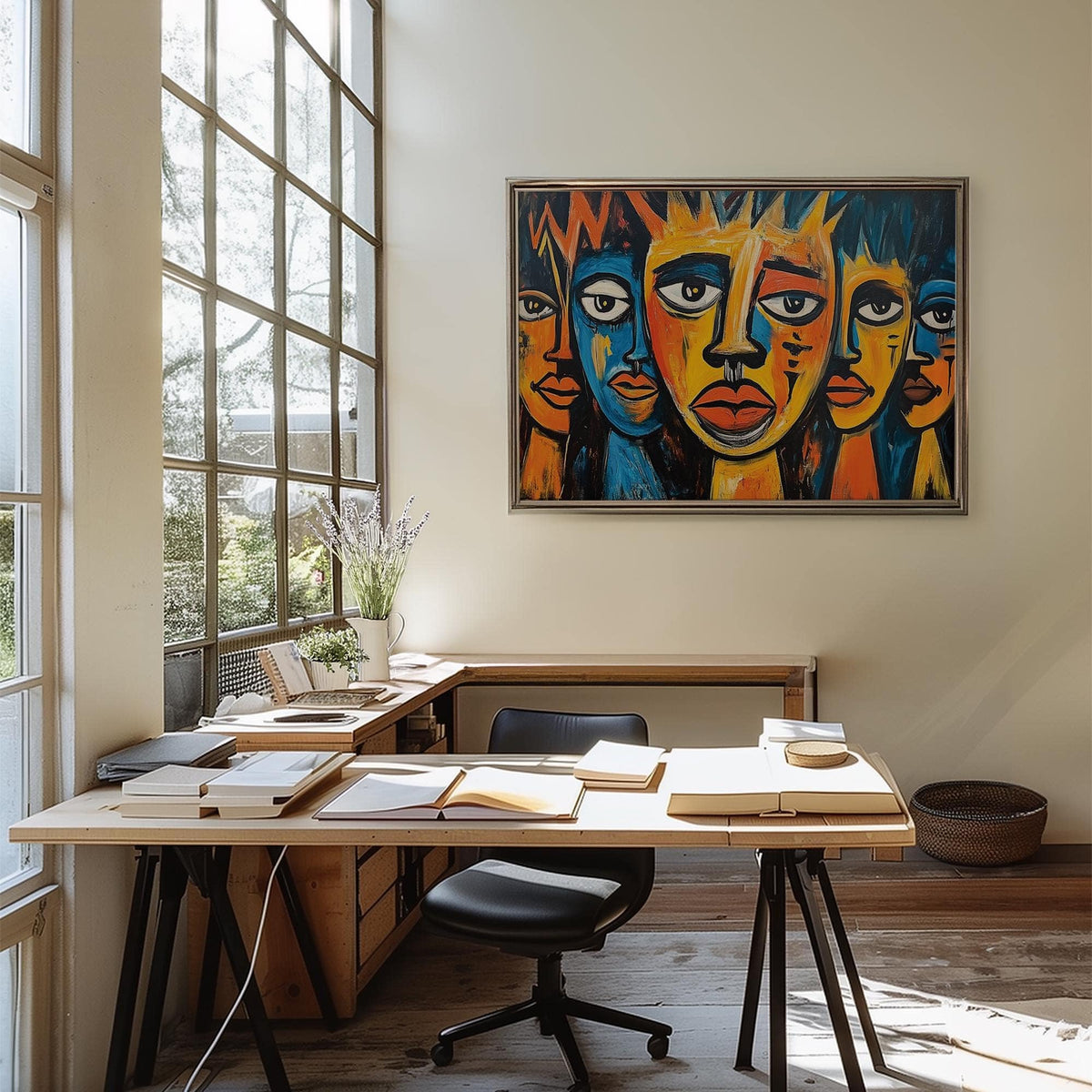 African wall art for living room showing abstract tribal faces in orange and blue above a desk by tall windows