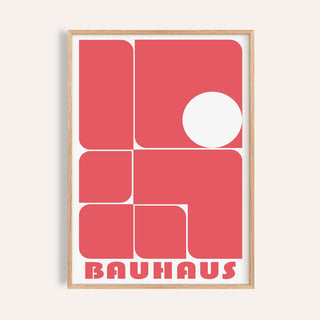 Framed red wall art decor with rounded rectangles and white circle in minimalist style