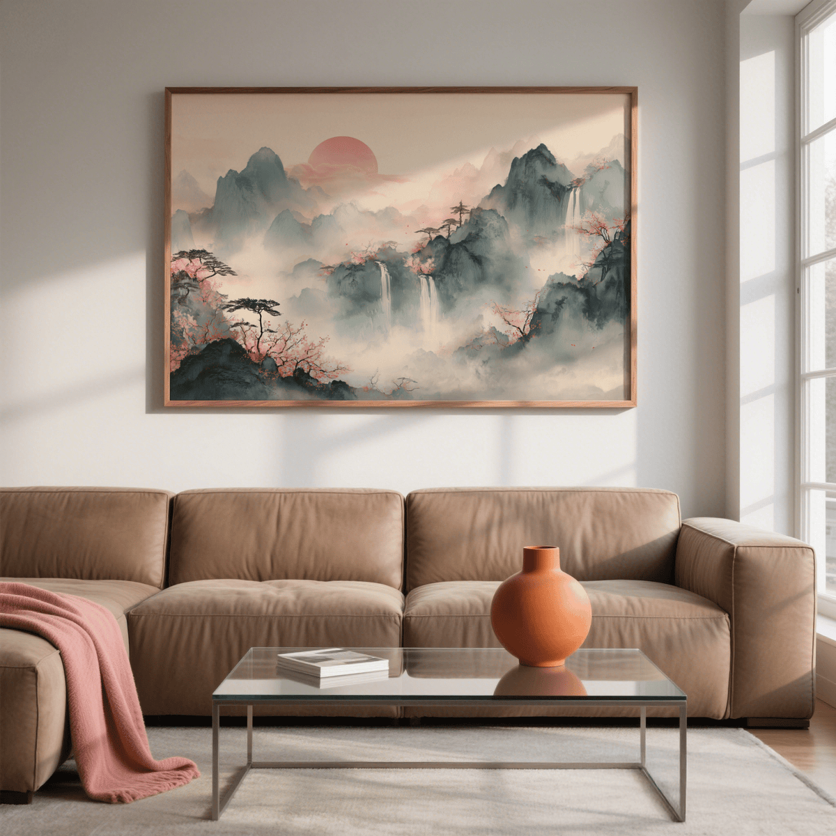 Framed print of misty mountains with waterfalls in soft pink and grey tones above a brown sofa in a living room