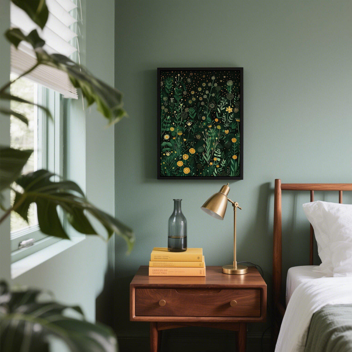 Green Decor wall art with yellow flowers and green foliage above a bedside table in a bedroom