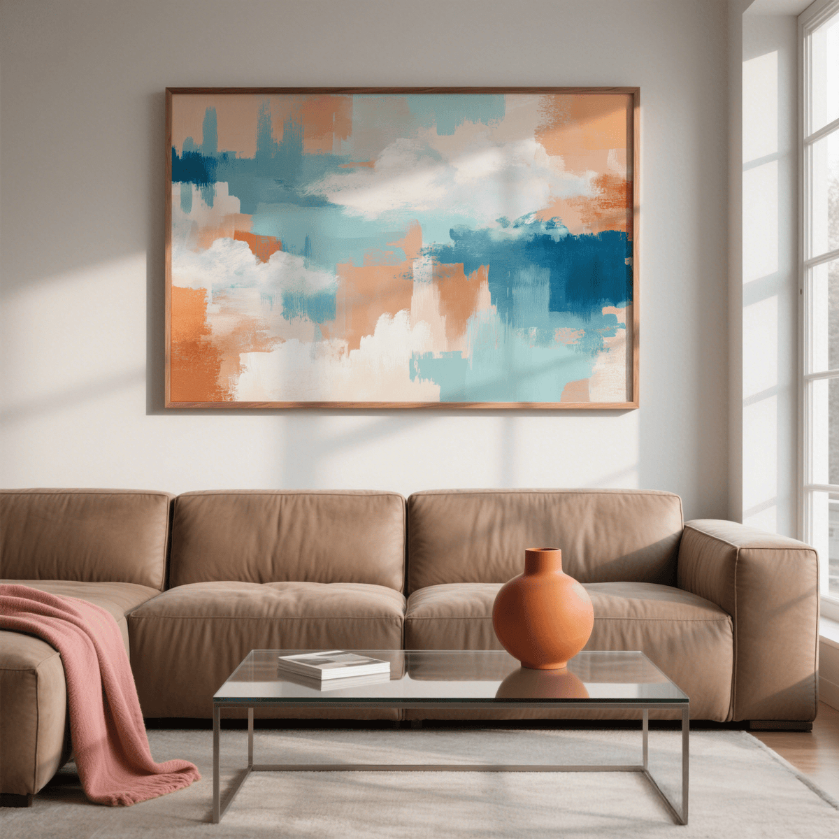 Abstract cloud print with teal orange and white brush strokes above a tan sofa in a living room