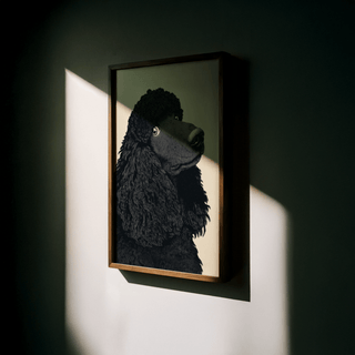 Poodle Art Print framed close-up showing a black poodle illustration in natural light