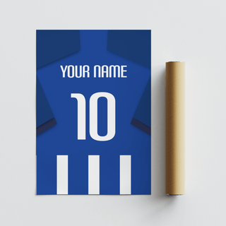 Blue and white striped football shirt poster with dark blue sleeves beside a cardboard packaging tube on a white surface