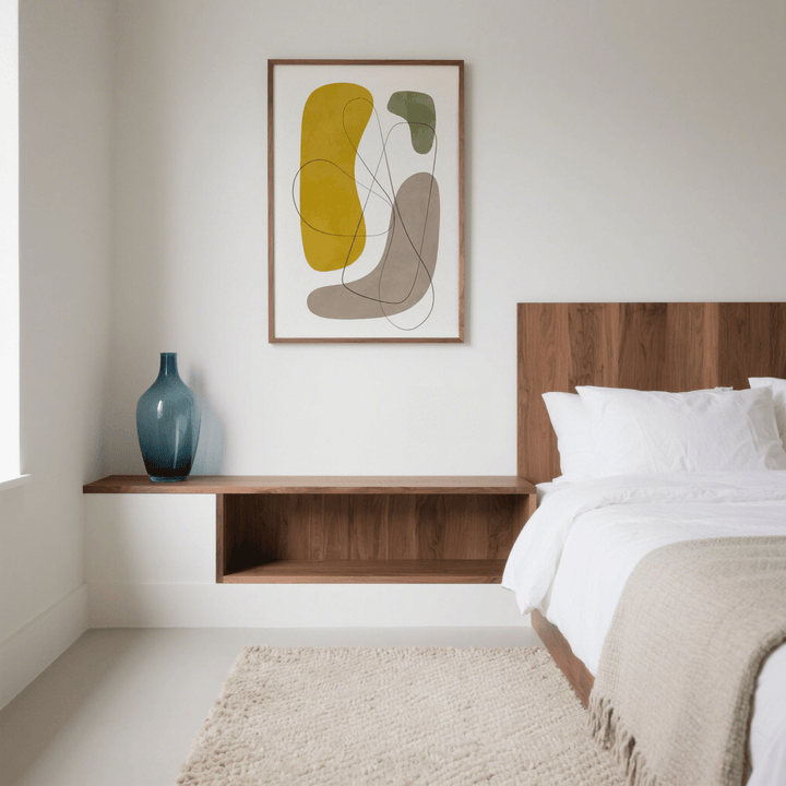 Modern Abstract Wall Art with yellow, green and beige shapes above wooden shelf with blue vase in bedroom