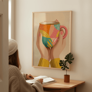 Coffee Mug Art framed print showing hands holding a colourful patterned mug with a small plant on the table