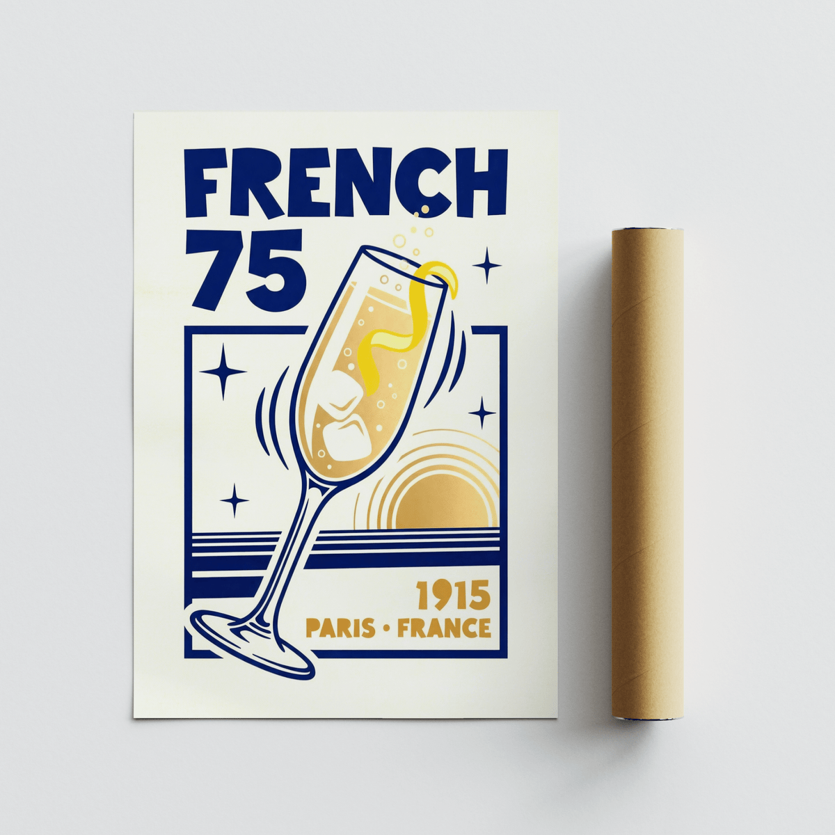 French 75 Poster flat lay with print packaging tube and minimalist cocktail illustration