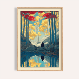 Framed Zen Forest Art Print of a person meditating by a blue river with yellow and red autumn trees