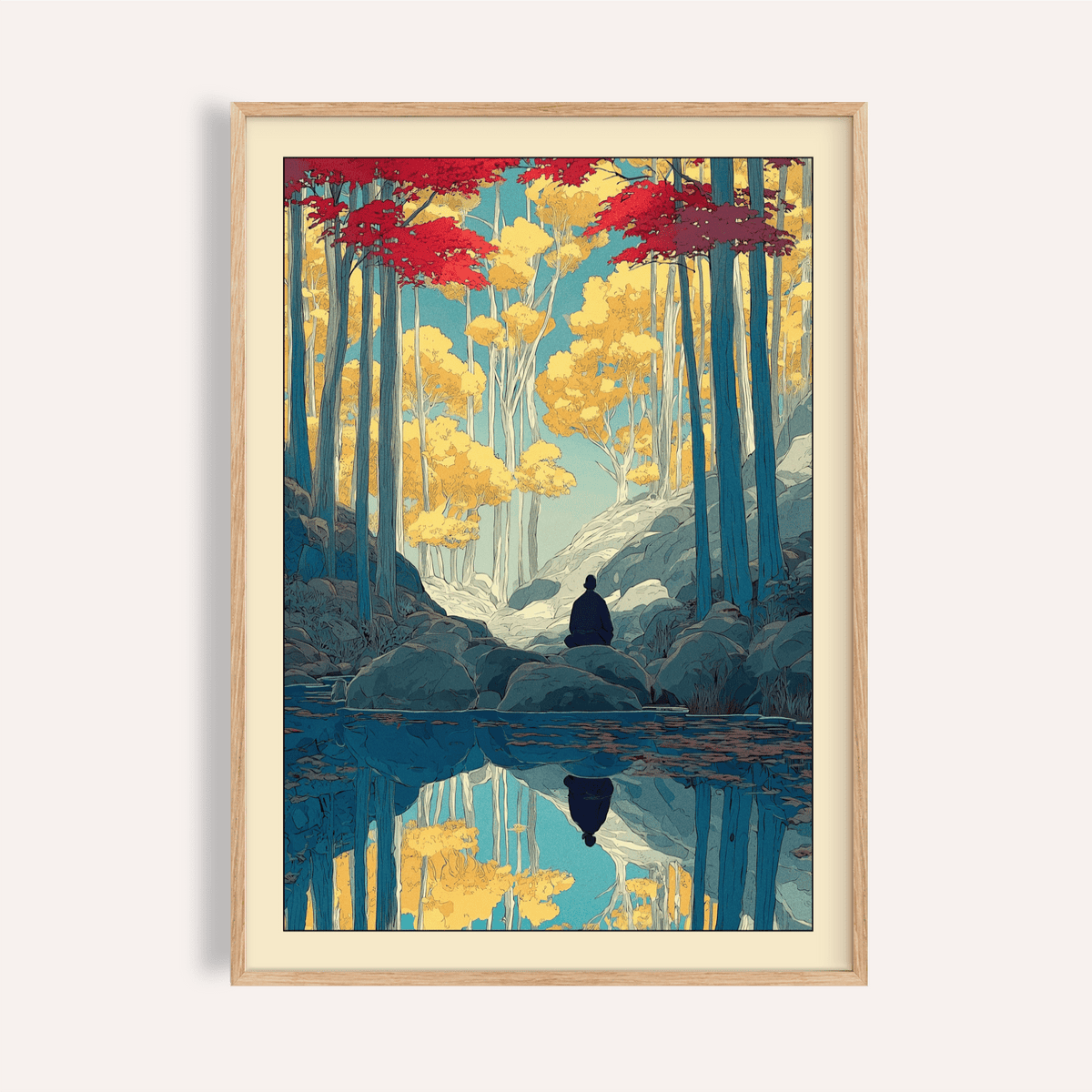 Framed Zen Forest Art Print of a person meditating by a blue river with yellow and red autumn trees