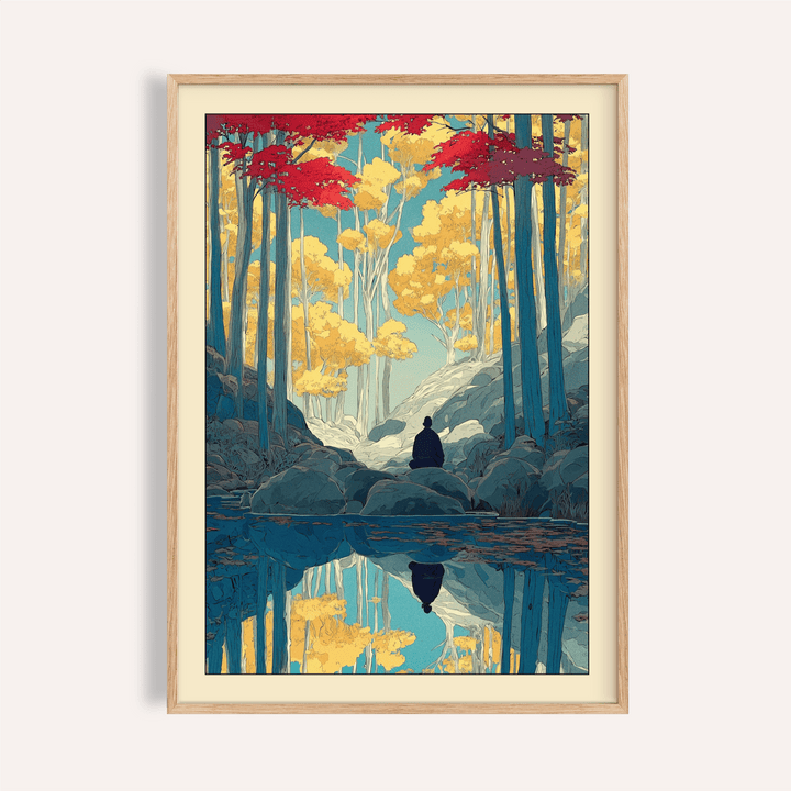 Framed Zen Forest Art Print of a person meditating by a blue river with yellow and red autumn trees