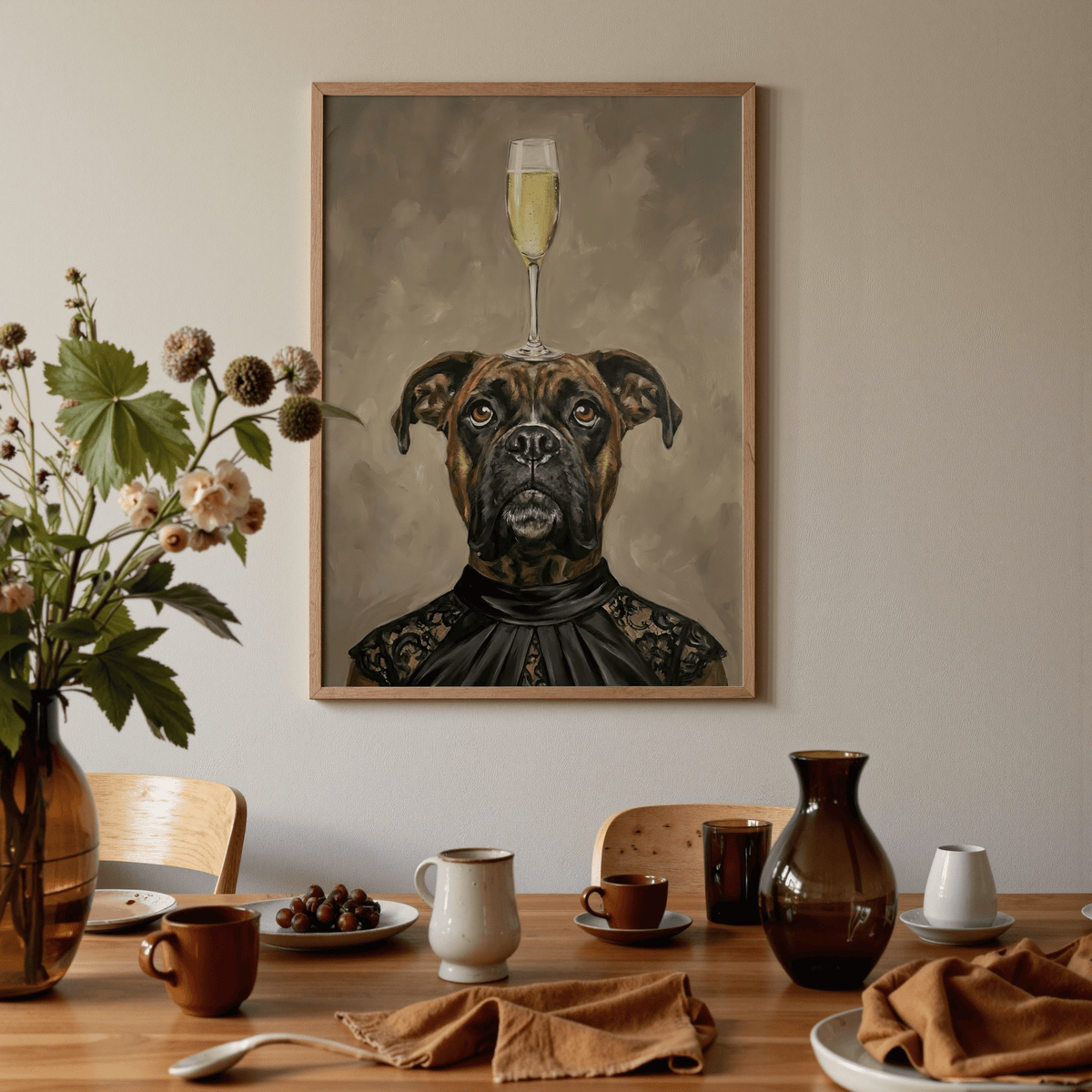 Boxer Dog Print above a dining table with brown and cream crockery and glass vase with flowers