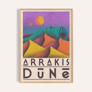 Framed Desert Dunes Sci-Fi Poster with colourful minimalist dunes and a large worm illustration