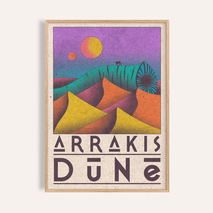 Framed Desert Dunes Sci-Fi Poster with colourful minimalist dunes and a large worm illustration