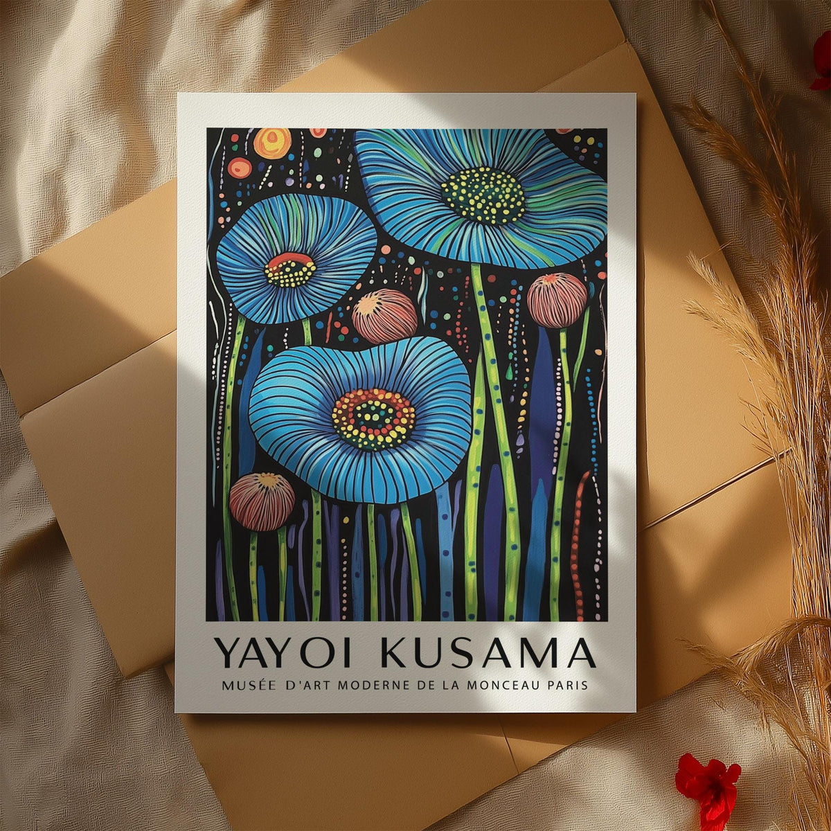 Close-up of wall art floral showing blue and pink poppies with black background surrounded by dried flowers