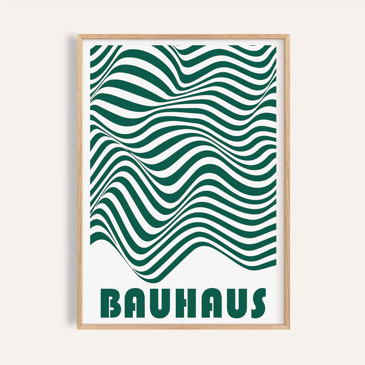 Green and White wall art with wavy green stripes and Bauhaus text in a wooden frame