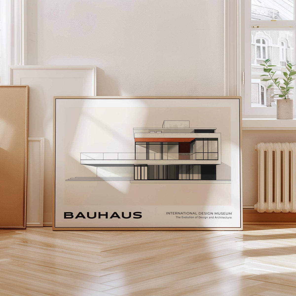 Architecture art print of a minimalist modernist building leaning on a wooden floor near a window with a plant