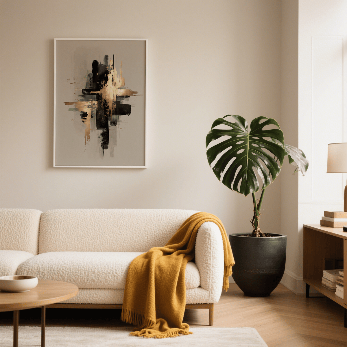Black and gold poster on wall above a white sofa with a mustard throw and large green plant