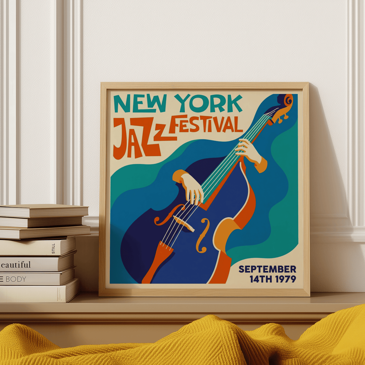 New York Jazz Festival Art Print of double bass and hands in retro colours leaning on a shelf with books