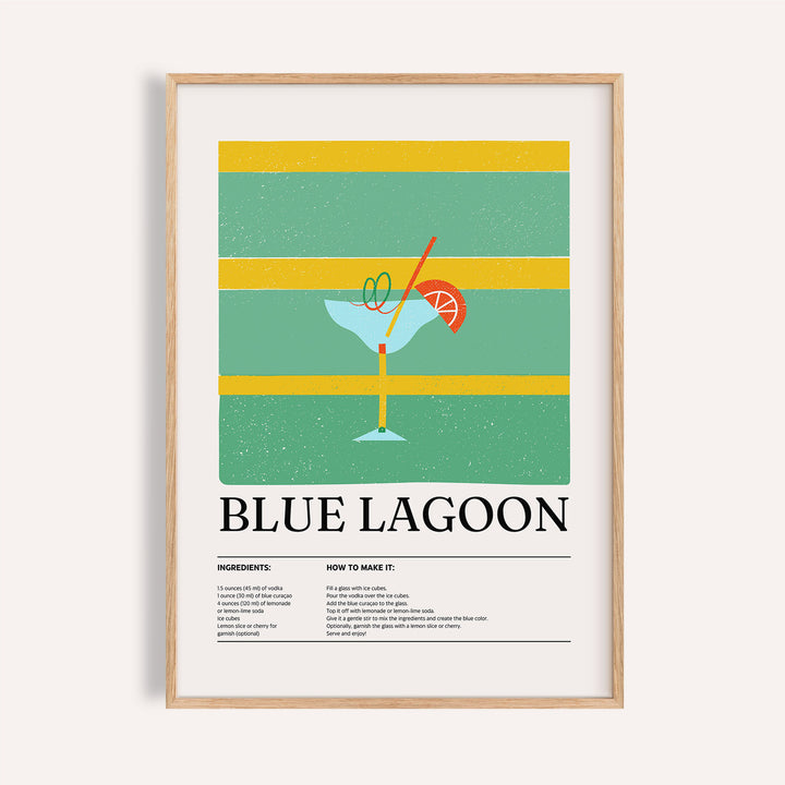 Kitchen wall pictures minimalist Blue Lagoon cocktail illustration with aqua green and yellow stripes