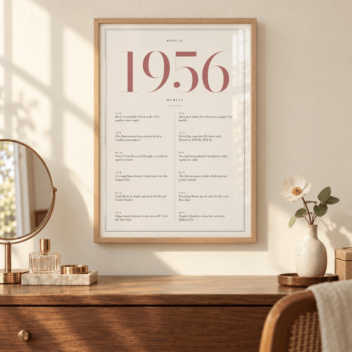 Cream and dusty rose 1956 birth year print on a wall in a lived in room