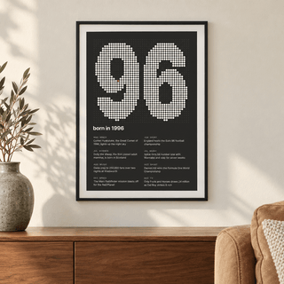 Charcoal halftone print of the year 1996 on a wall in a lived in room
