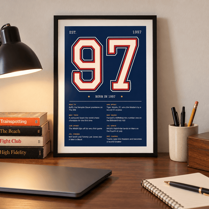 Navy varsity print of 1997 on a wall in a lived in room