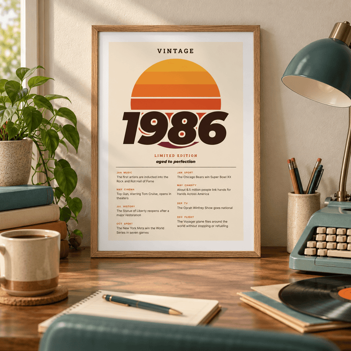 Retro sunset print with 1986 in italic lettering on a wall in a lived in room