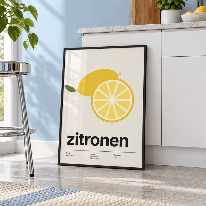 Yellow citrus slice print in a kitchen cabinet against a blue wall