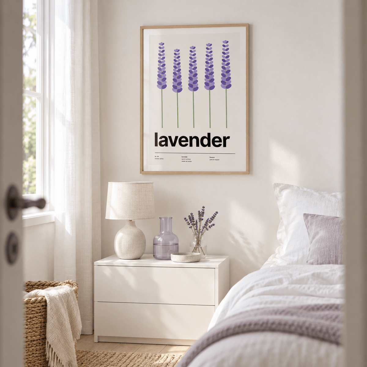 Five tall lavender stems above the bed in a calm bedroom