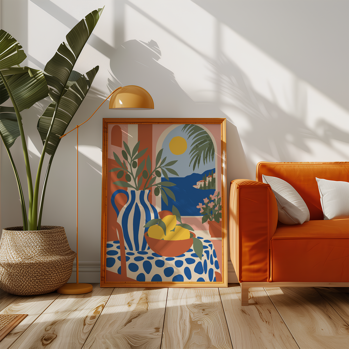Arched window over a blue sea beside an orange sofa in a sunny living room