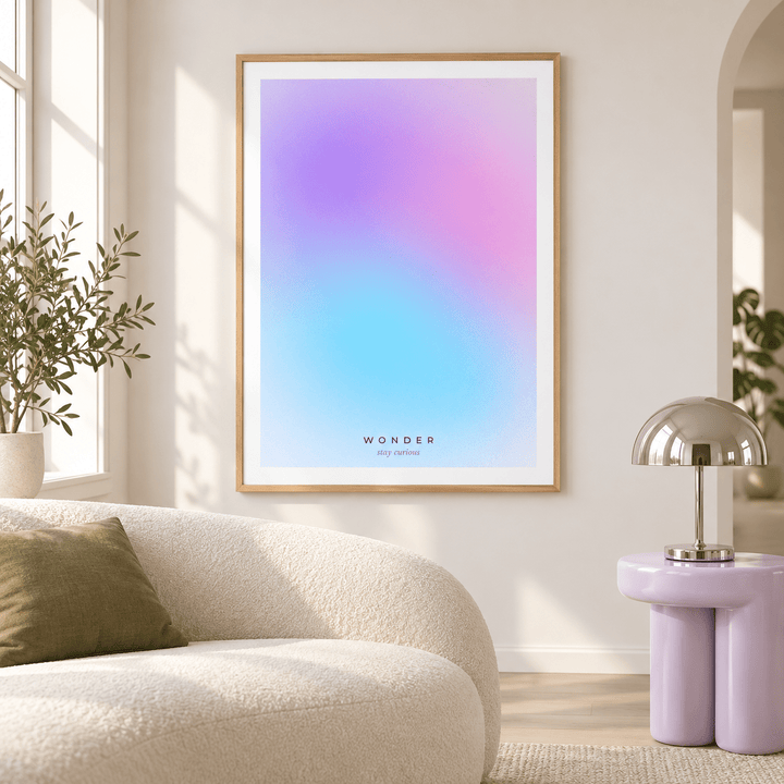 Pastel violet and cyan gradient print in a living room