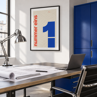 Number one typography print above a desk in a home office
