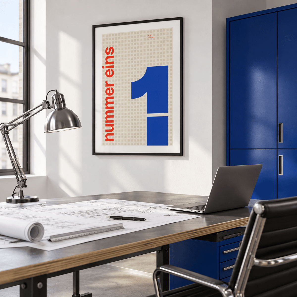 Number one typography print above a desk in a home office