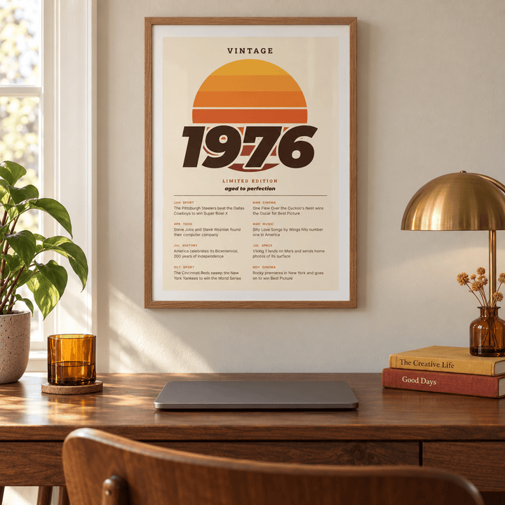 Retro sunset print with 1976 in italic lettering on a wall in a lived in room