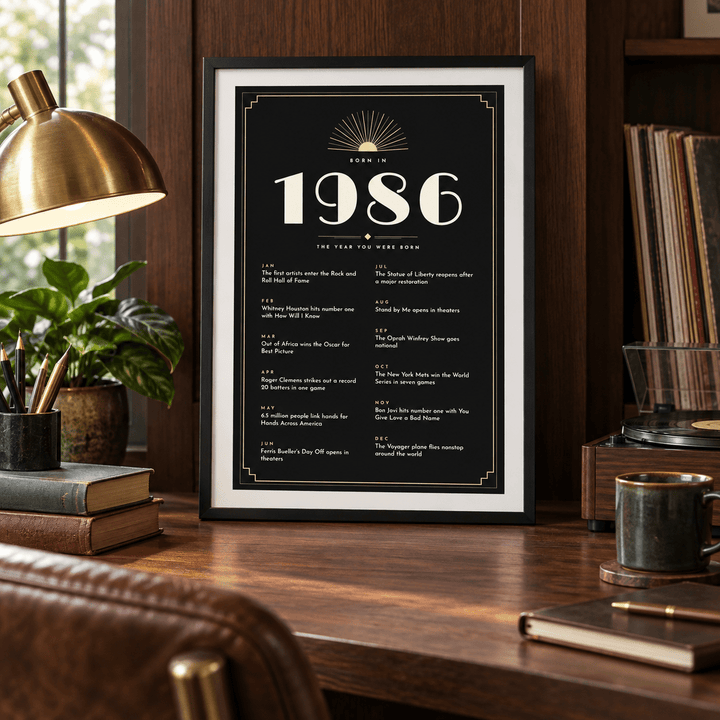 Black and champagne Art Deco 1986 print on a wall in a lived in room