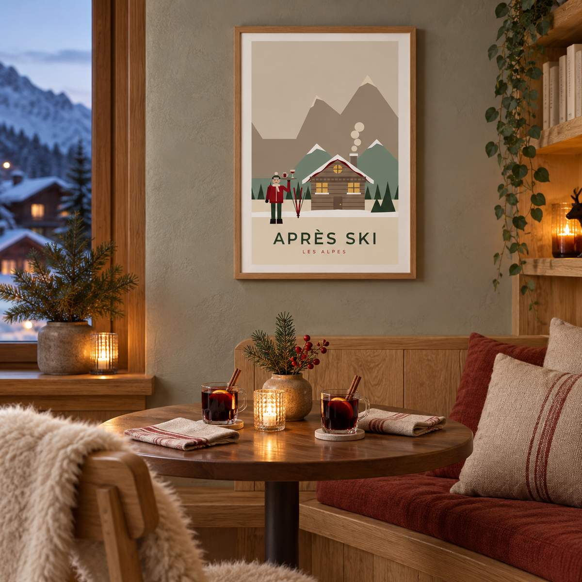 Snowy log chalet print in a dining nook at Christmas