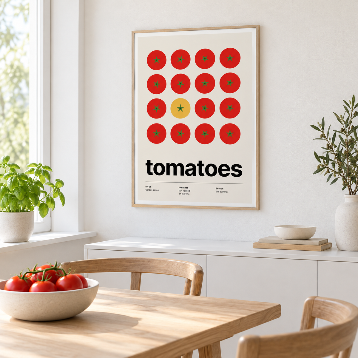 Grid of red tomatoes from above on the wall of a bright white kitchen