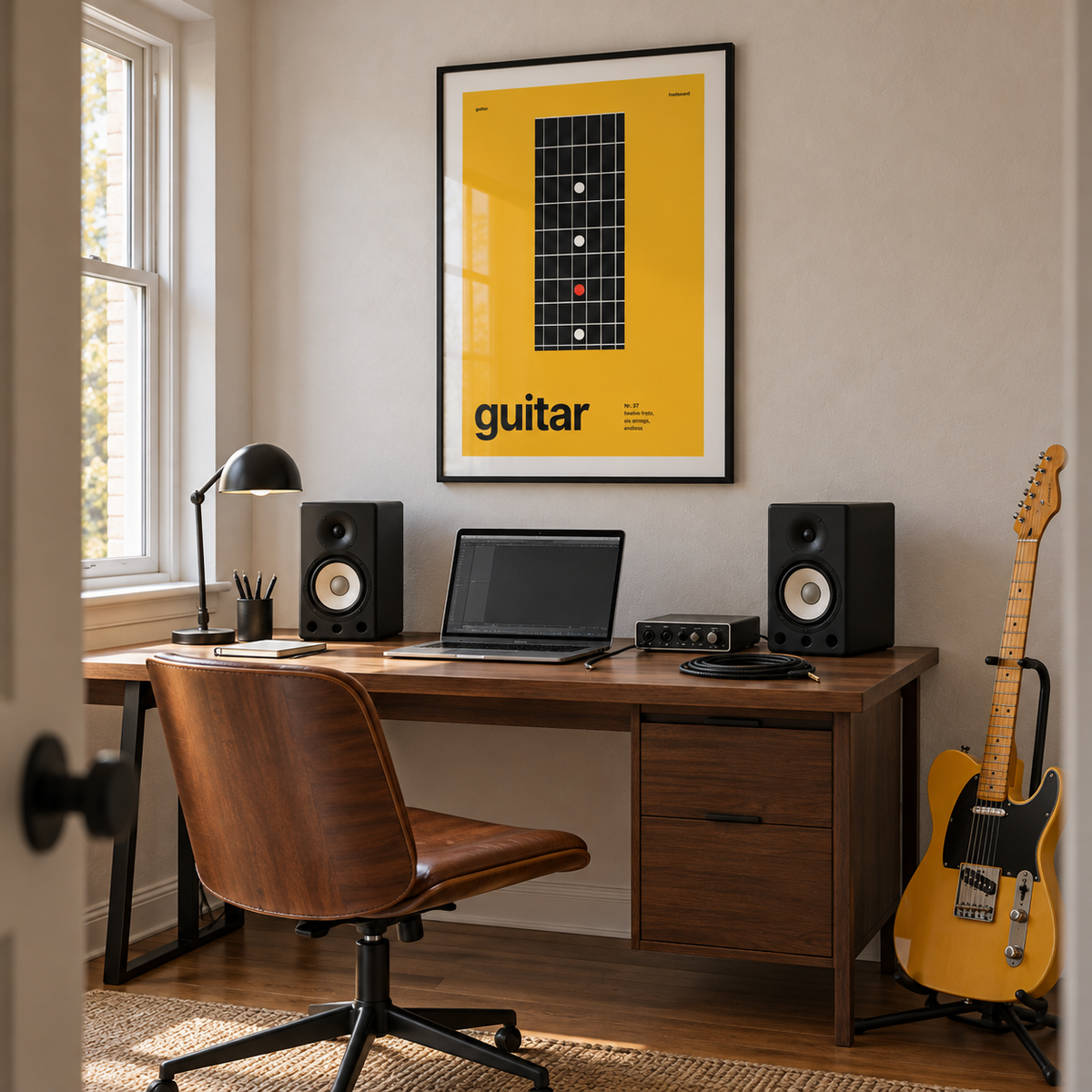 Black fretboard on mustard yellow print above a home recording desk