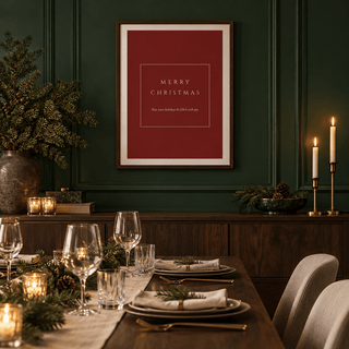 Minimalist red Christmas print in an emerald dining room at Christmas