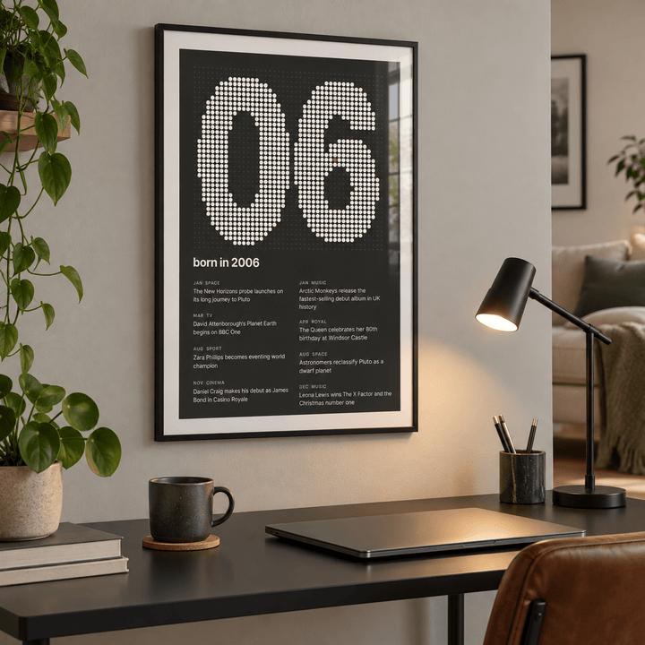 Charcoal halftone print of the year 2006 on a wall in a lived in room