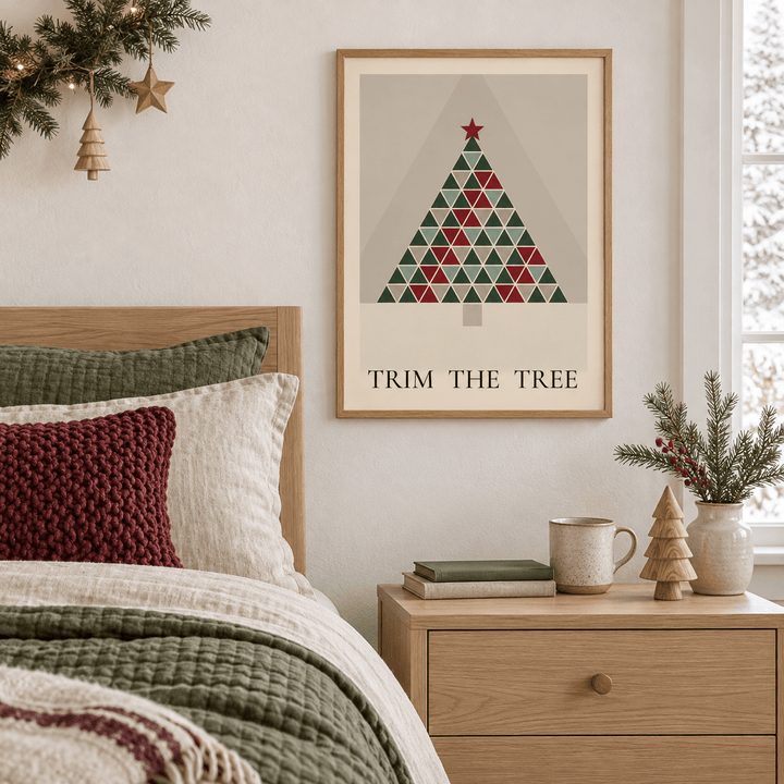 Scandi triangle tree print in a bedroom at Christmas