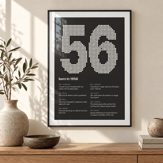 Charcoal halftone print of the year 1956 on a wall in a lived in room