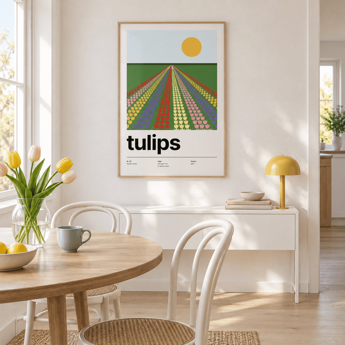 Striped Dutch tulip fields to the horizon above a table in a cosy dining nook