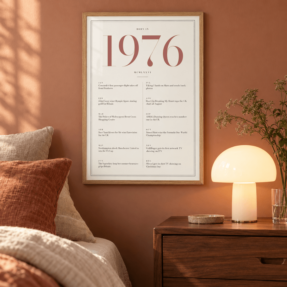 Cream and dusty rose 1976 birth year print on a wall in a lived in room