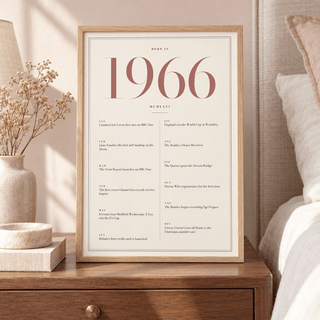 Cream and dusty rose 1966 birth year print on a wall in a lived in room