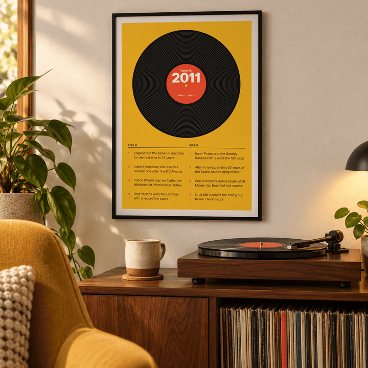 Black vinyl record print with a 2011 label on a wall in a lived in room