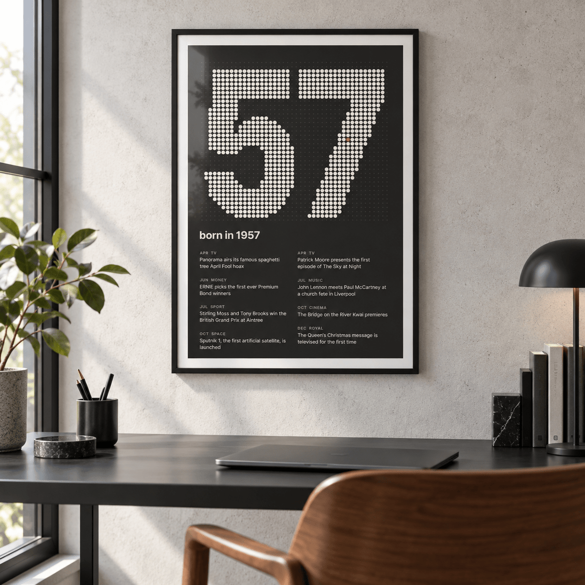 Charcoal halftone print of the year 1957 on a wall in a lived in room